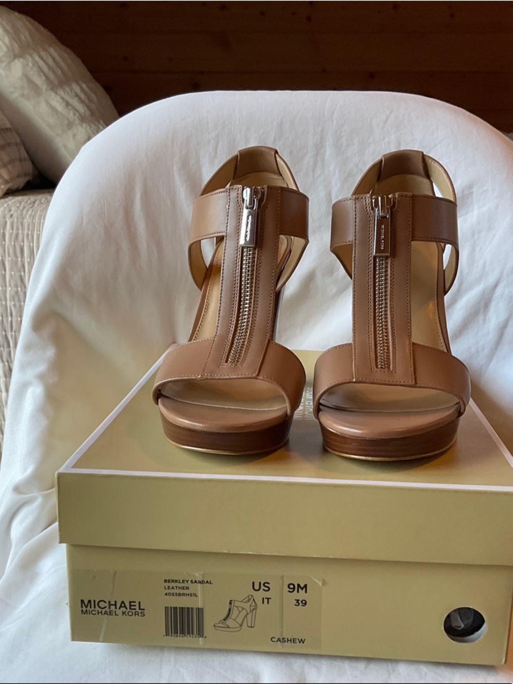 Michael Kors Cashew Leather T-Strap Platform Sandals with Front Zipper